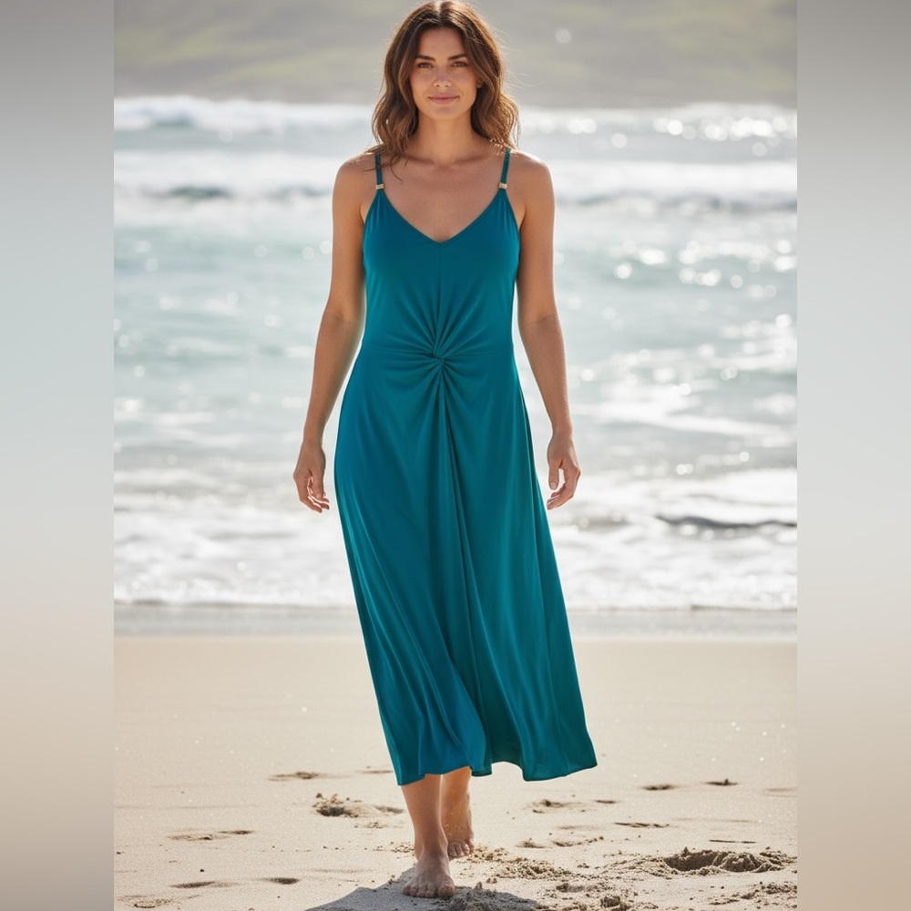 Michael Kors Dress Blue Teal Spaghetti Straps Summer Midi Dress